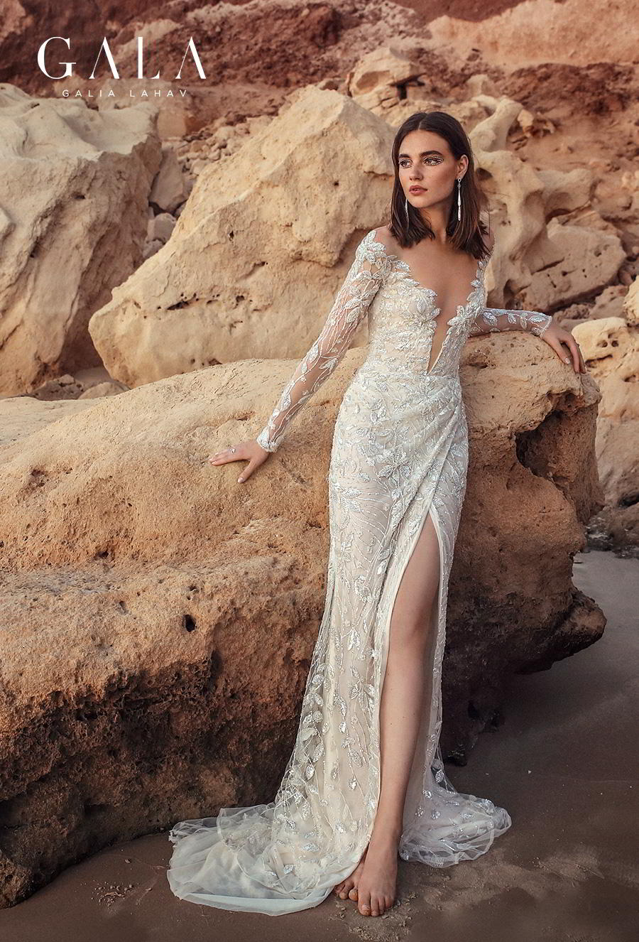 galia lahav fall 2020 gala no 9 bridal long sleeves off the shoulder deep plunging sweetheart neckline full embellishment slit skirt sexy elegant sheath wedding dress backless short train (410) mv