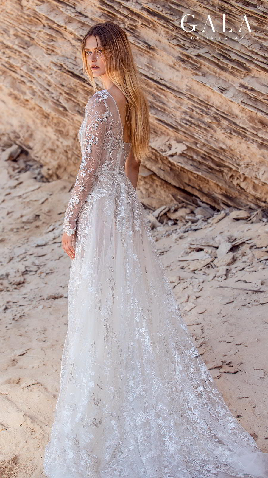 galia lahav fall 2020 gala no 9 bridal long sleeves one shoulder square neckline full embellishment slit skirt romantic a  line wedding dress chapel train (407) bv