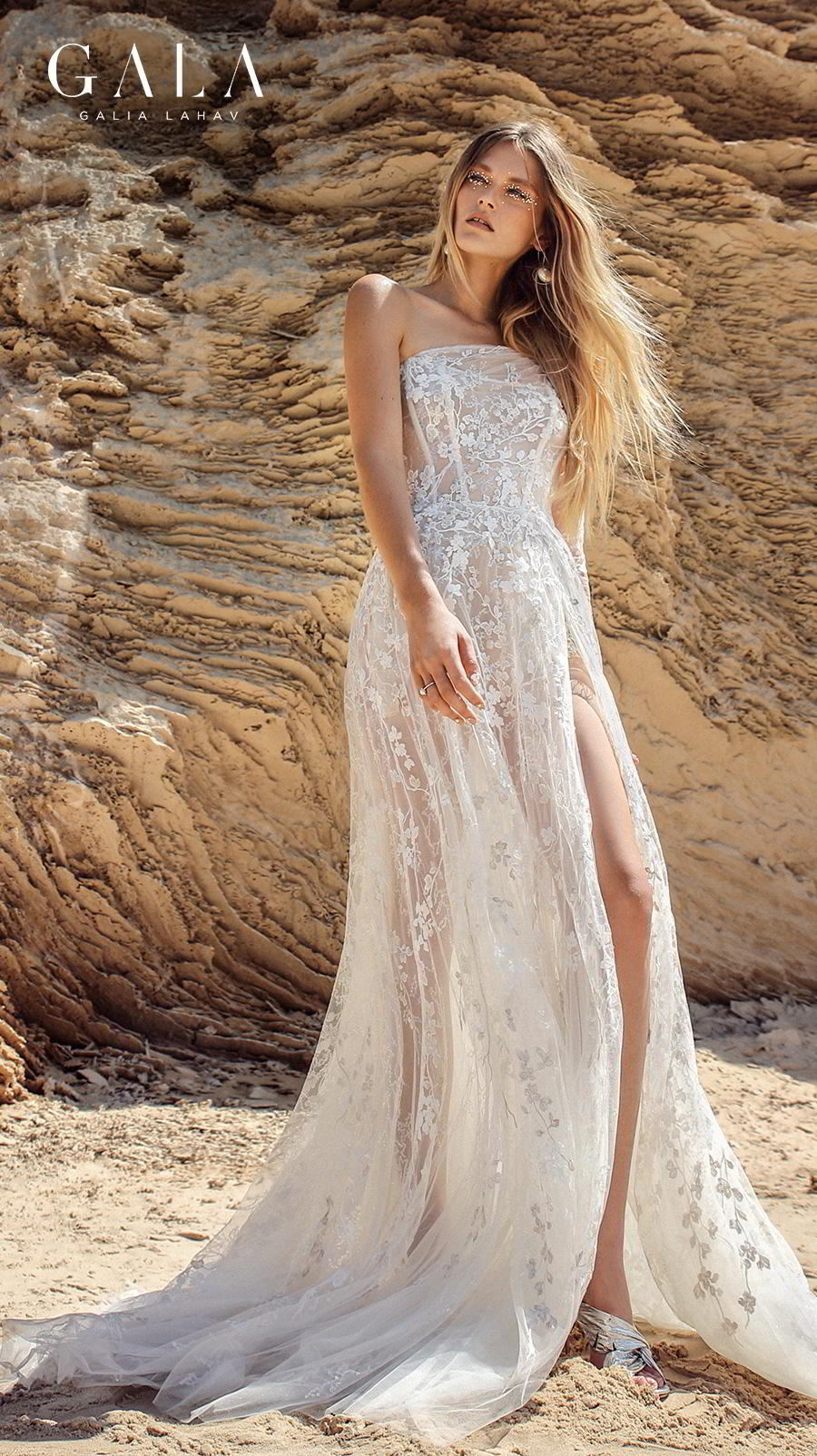 galia lahav fall 2020 gala no 9 bridal long sleeves one shoulder straight across neckline full embellishment slit skirt beautiful modified a  line wedding dress chapel train (407) mv