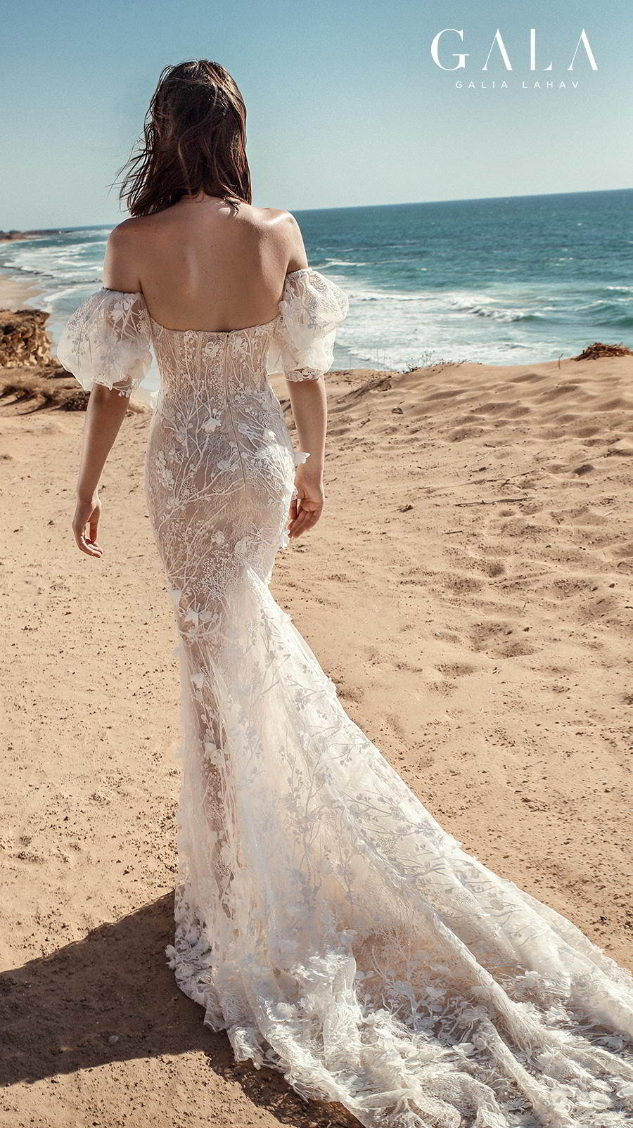 galia lahav fall 2020 gala no 9 bridal off the shoulder balloon sleeves sweetheart neckline full embellishment romantic sheath fit and flare wedding dress mid back chapel train (401) bv