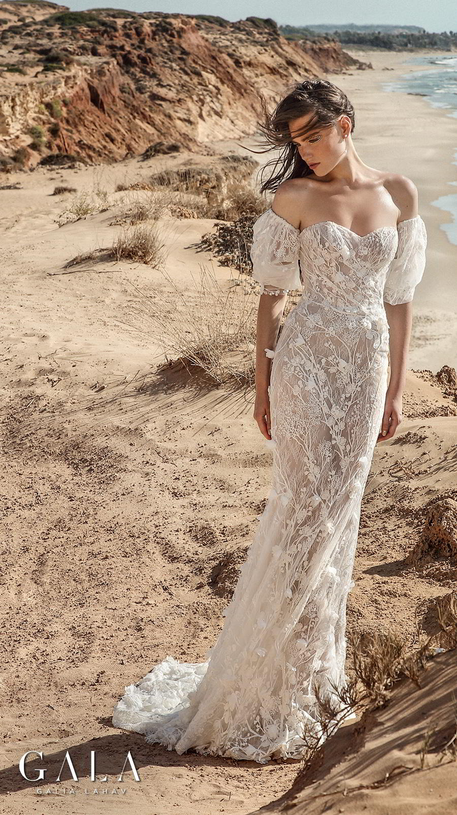 galia lahav fall 2020 gala no 9 bridal off the shoulder balloon sleeves sweetheart neckline full embellishment romantic sheath fit and flare wedding dress mid back chapel train (401) mv