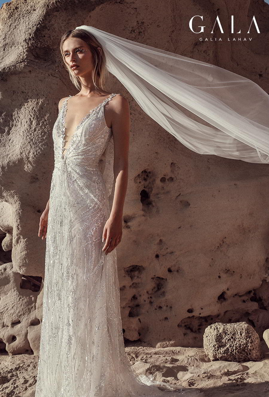 galia lahav fall 2020 gala no 9 bridal sleeveless embroidered strap deep v neck full embellishment glitter glamorous sexy elegant sheath weddiing dress backless cowl back short train (402) mv