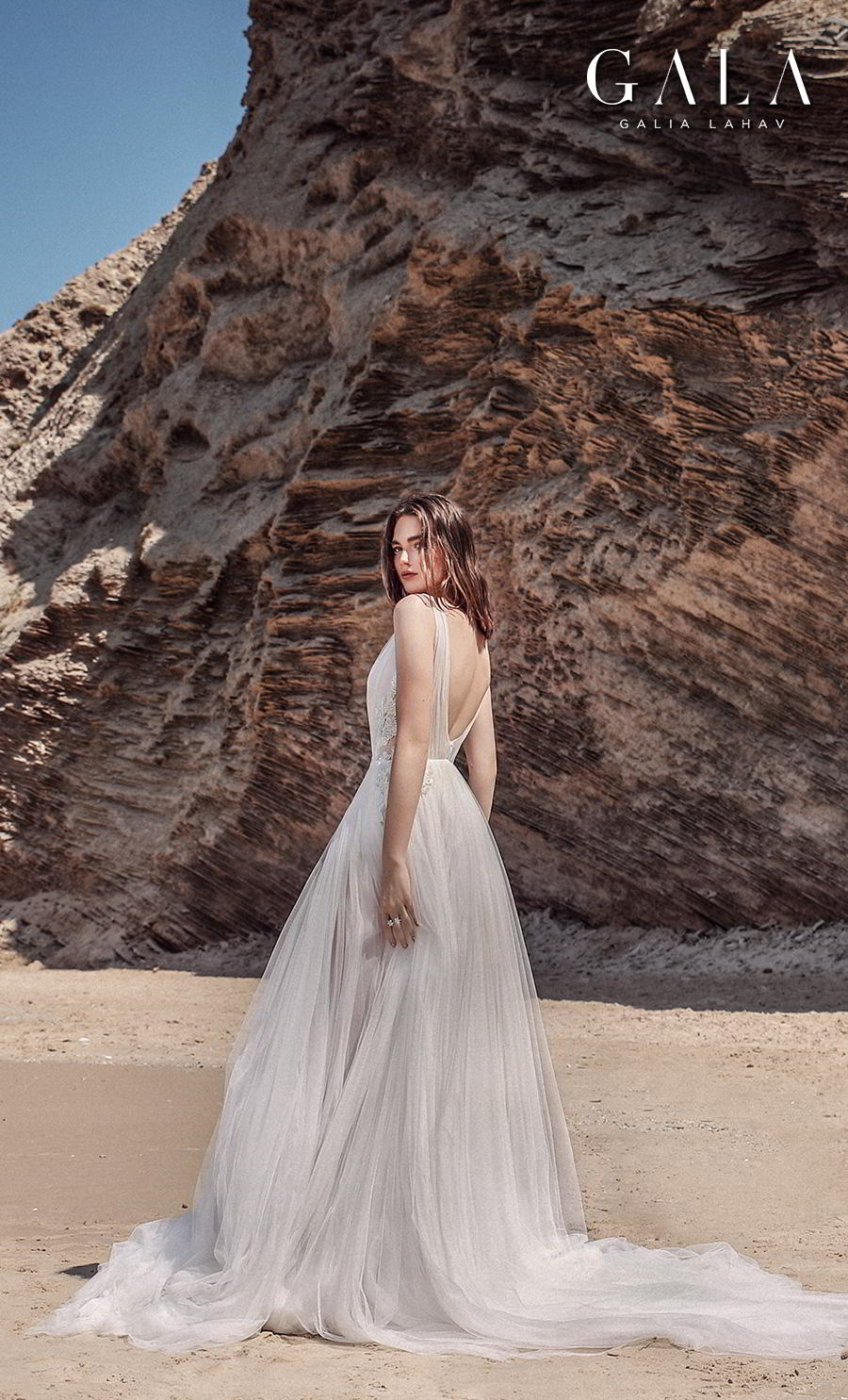 galia lahav fall 2020 gala no 9 bridal sleeveless ribbon straps deep v neck ruched bodice romantic soft a  line wedding dress backless v back chapel train (411) bv