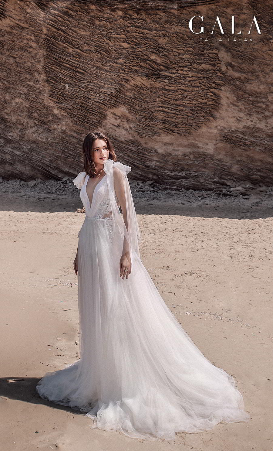 galia lahav fall 2020 gala no 9 bridal sleeveless ribbon straps deep v neck ruched bodice romantic soft a  line wedding dress backless v back chapel train (411) mv