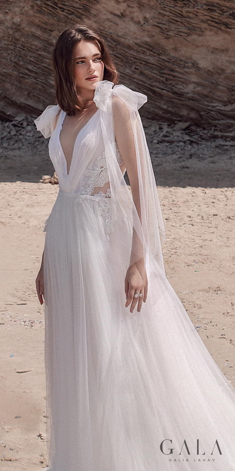 galia lahav fall 2020 gala no 9 bridal sleeveless ribbon straps deep v neck ruched bodice romantic soft a  line wedding dress backless v back chapel train (411) zv