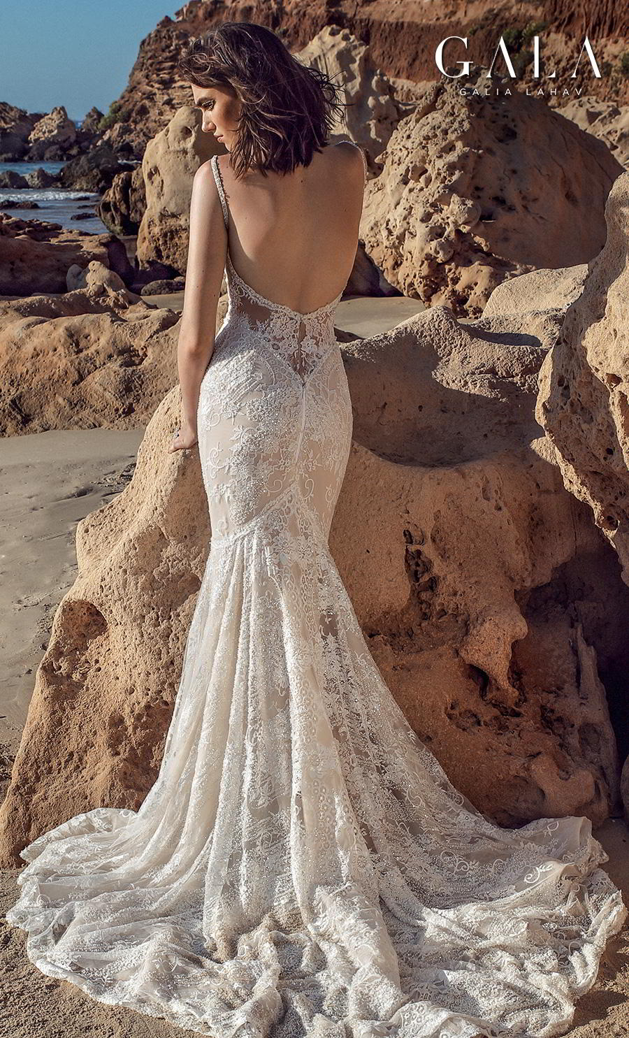 galia lahav fall 2020 gala no 9 bridal sleeveless thin strap deep plunging v neck full embellishment elegant fit and flare mermaid wedding dress backless medium train (404) bv