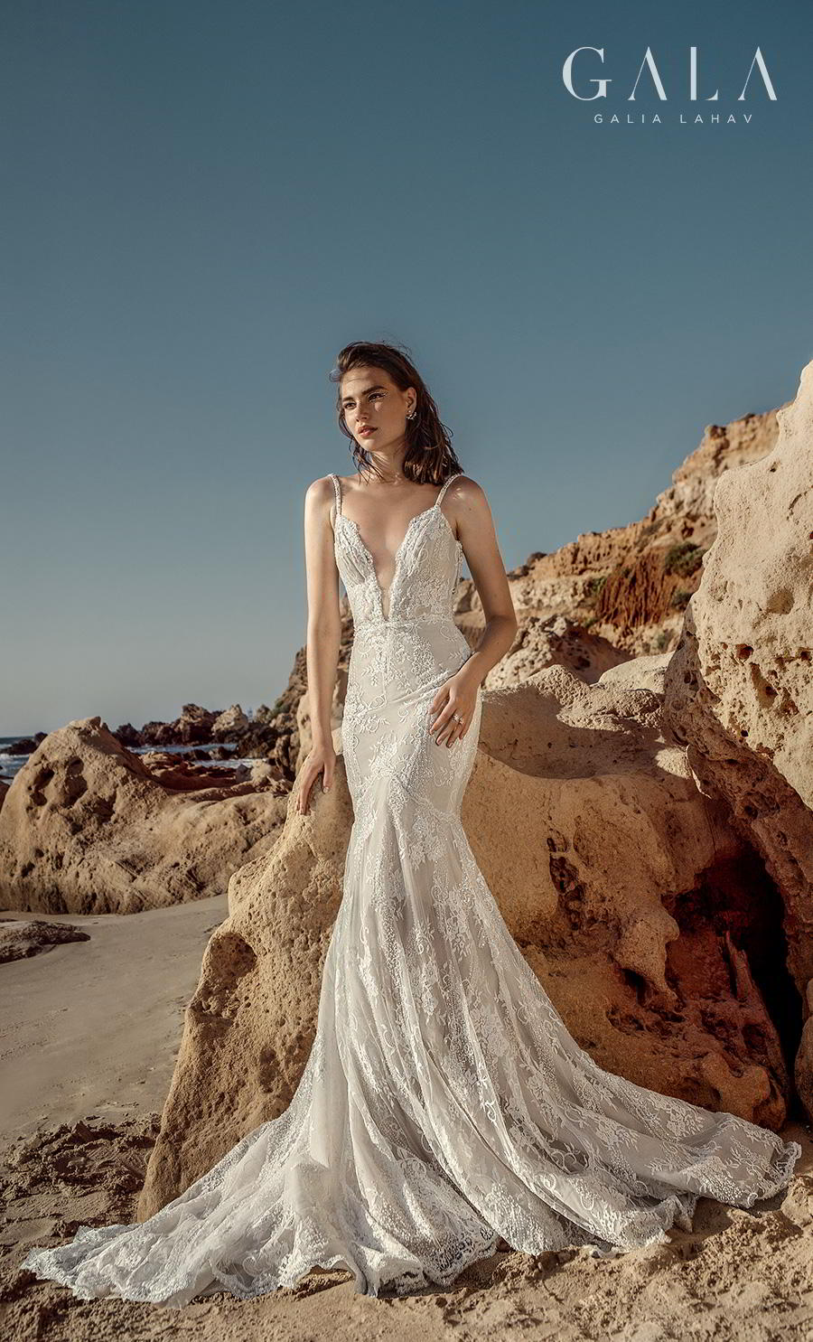 galia lahav fall 2020 gala no 9 bridal sleeveless thin strap deep plunging v neck full embellishment elegant fit and flare mermaid wedding dress backless medium train (404) mv