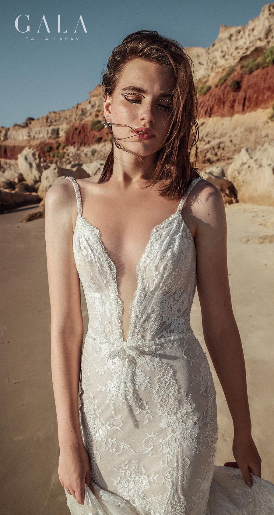 galia lahav fall 2020 gala no 9 bridal sleeveless thin strap deep plunging v neck full embellishment elegant fit and flare mermaid wedding dress backless medium train (404) zv