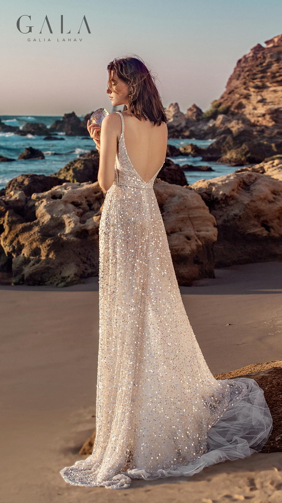 galia lahav fall 2020 gala no 9 bridal sleeveless thin strap deep v neck full embellishment glitter glamorous elegant sheath modified a  line wedding dress backless scoop back short train (403) bv