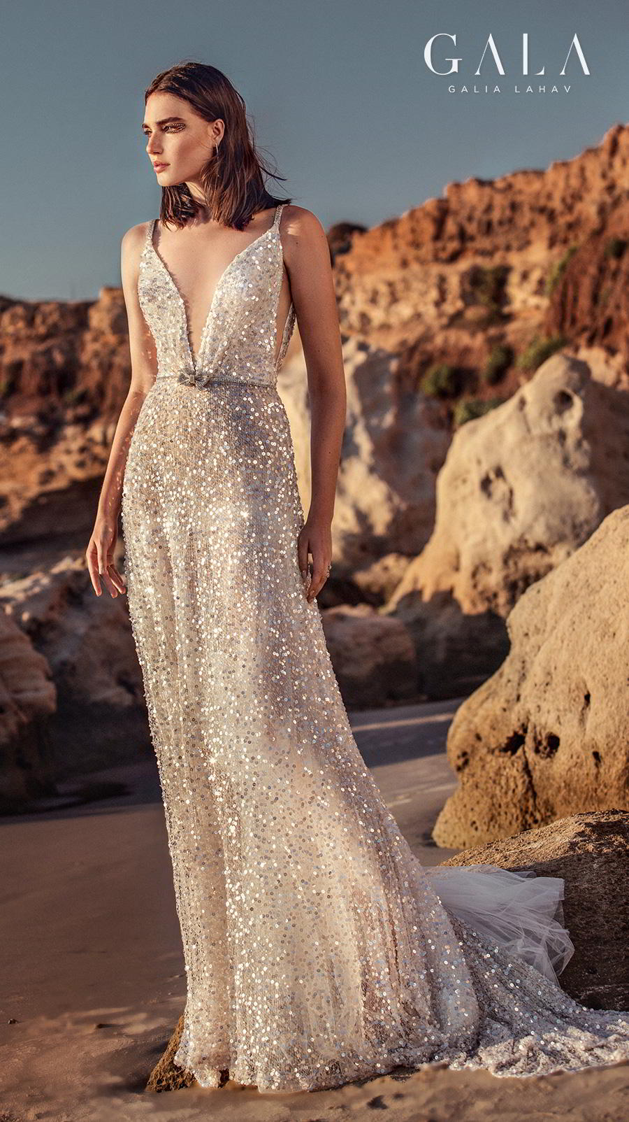 galia lahav fall 2020 gala no 9 bridal sleeveless thin strap deep v neck full embellishment glitter glamorous elegant sheath modified a  line wedding dress backless scoop back short train (403) mv