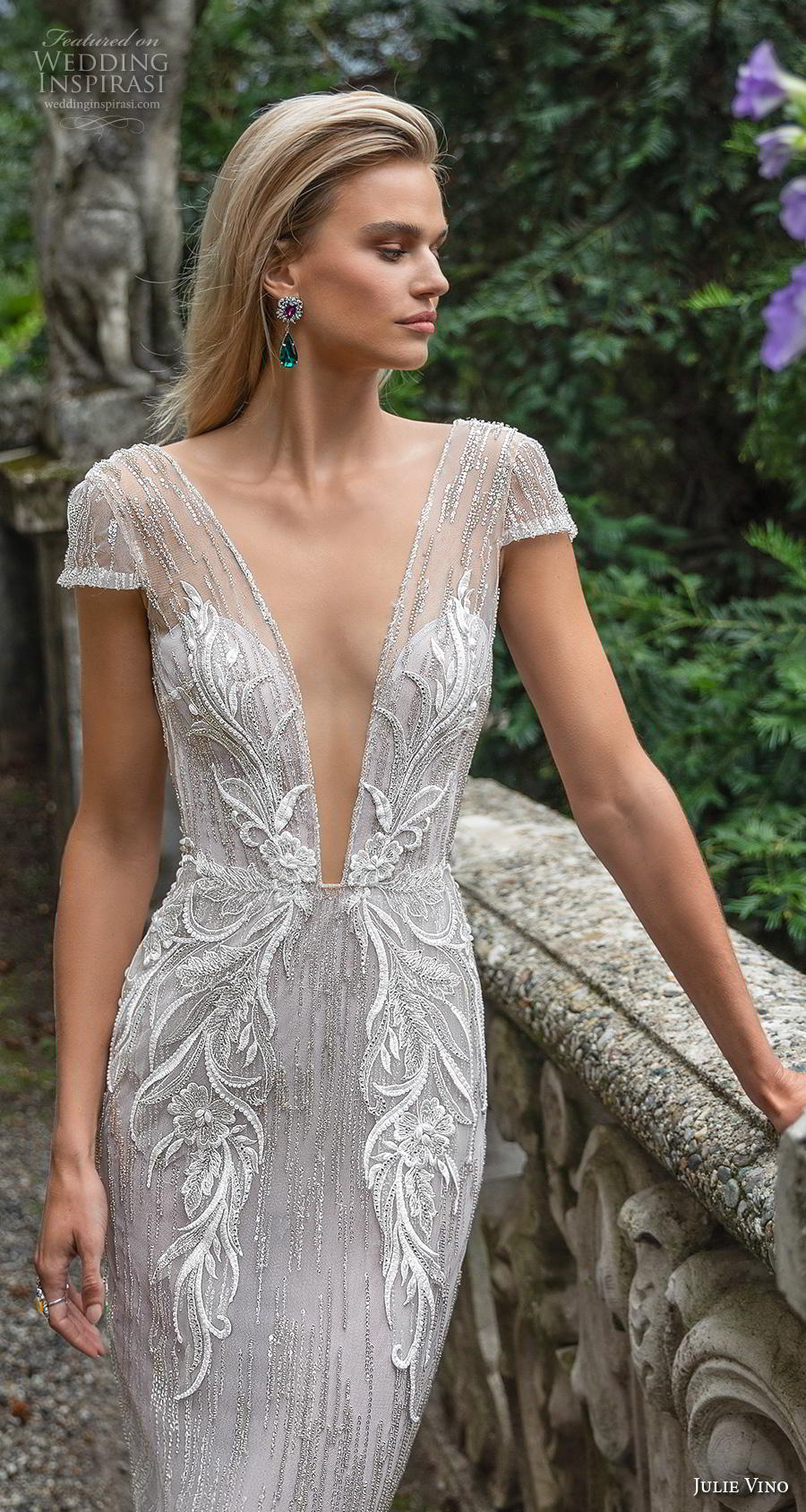 julie vino 2020 bellagio bridal cap sleeves deep v neck heavily embellished bodice elegant sexy fit and flare wedding dress backless low back chapel train (9) zv
