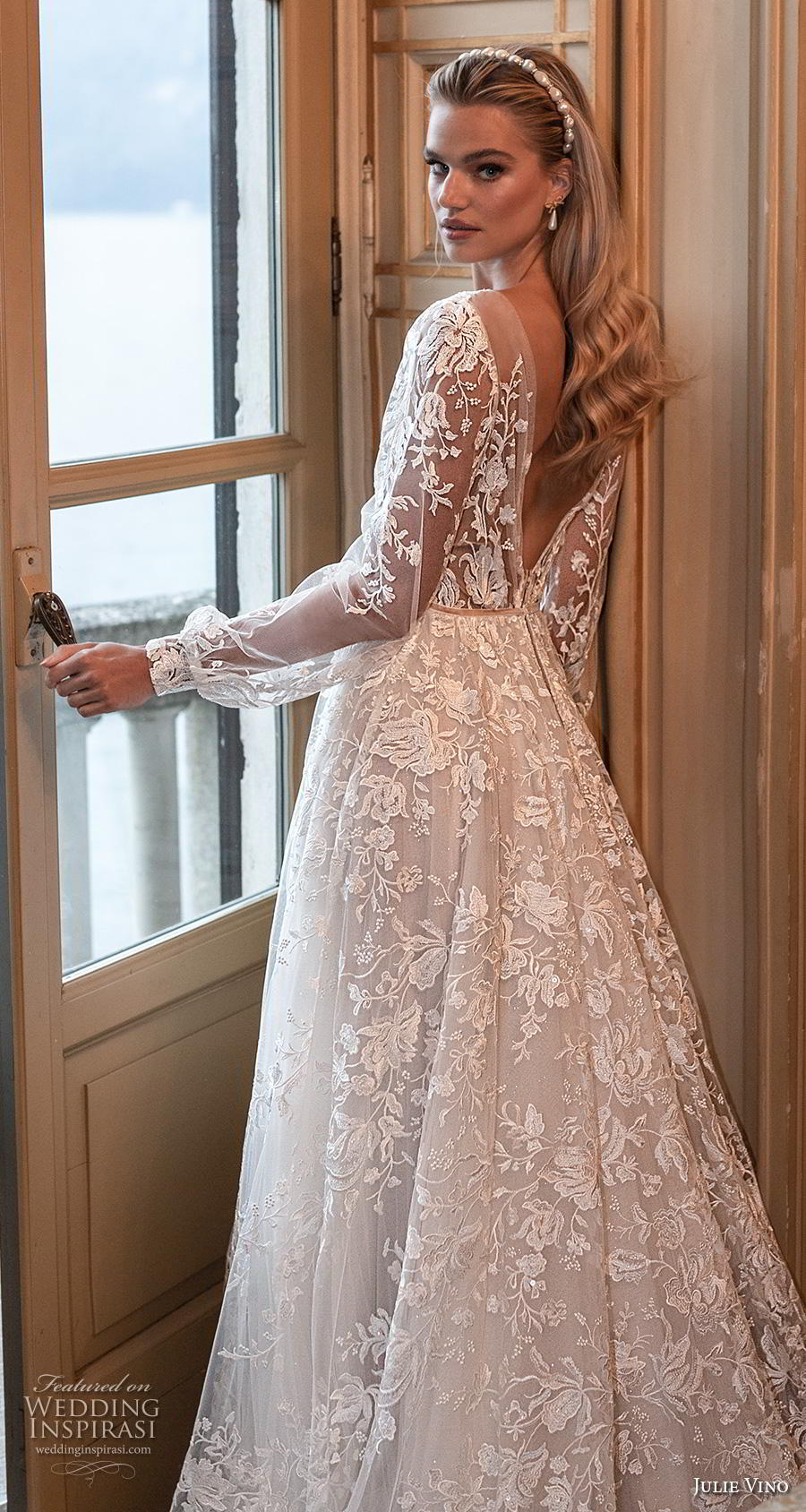 julie vino 2020 bellagio bridal long bishop sleeves deep v neck full embellishment romantic soft a  line wedding dress backless v back chapel train (2) zbv
