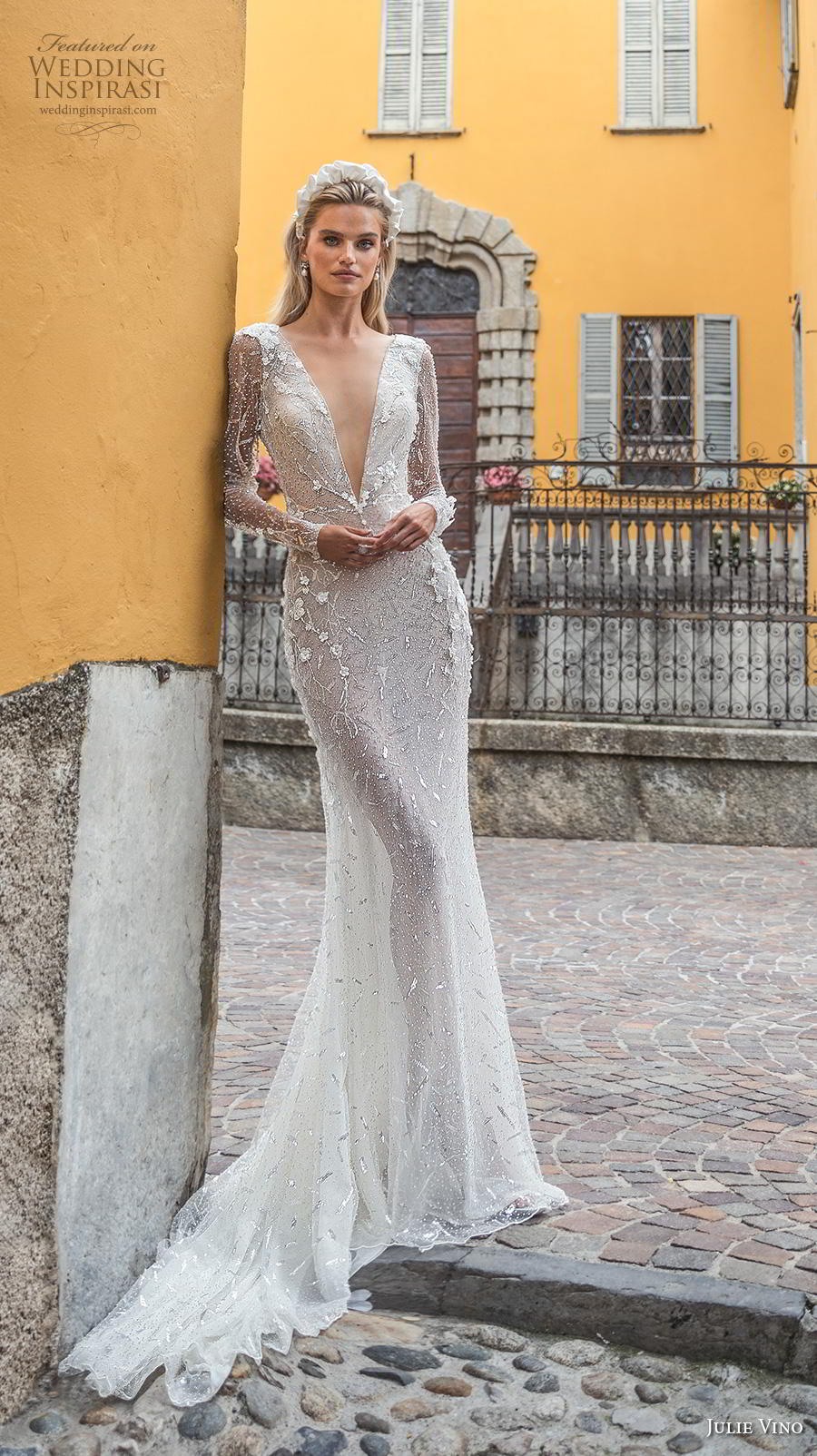 julie vino 2020 bellagio bridal long sleeves deep v neck full embellishment sexy elegant fit and flare sheath wedding dress keyhole low back chapel train (6) mv