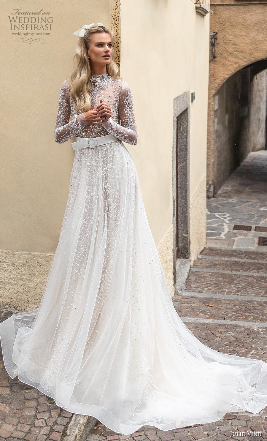julie vino 2020 bellagio bridal long sleeves jewel high neck full embellishment beaded belt romantic soft a  line wedding dress keyhole back chapel train (4) mv