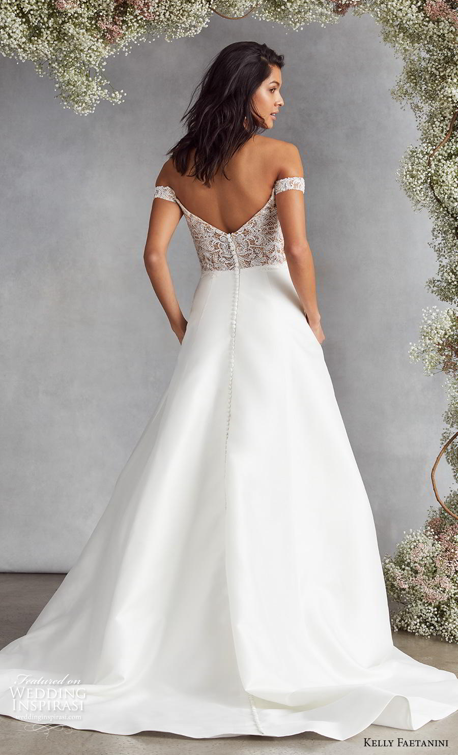kelly faetanini fall 2020 bridal off the shoulder sweetheart neckline heavily embellished bodice plain skirt elegant classic a line wedding dress v back medium train (3) bv kelly faetanini fall 2020 bridal off the shoulder sweetheart neckline heavily embellished bodice plain skirt elegant classic a line wedding dress v back medium train (3) bv