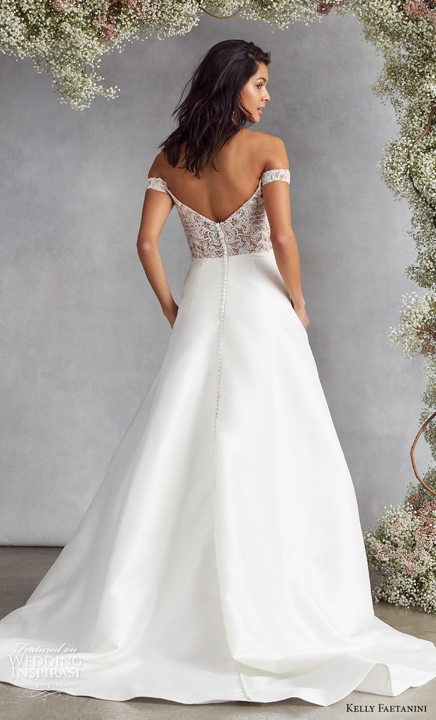 kelly faetanini fall 2020 bridal off the shoulder sweetheart neckline heavily embellished bodice plain skirt elegant classic a  line wedding dress v back medium train (3) bv