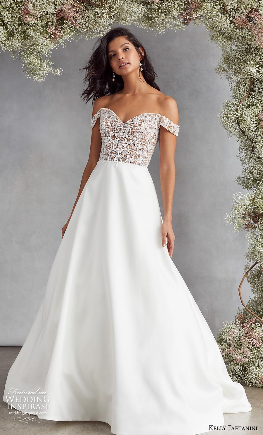 kelly faetanini fall 2020 bridal off the shoulder sweetheart neckline heavily embellished bodice plain skirt elegant classic a  line wedding dress v back medium train (3) mv