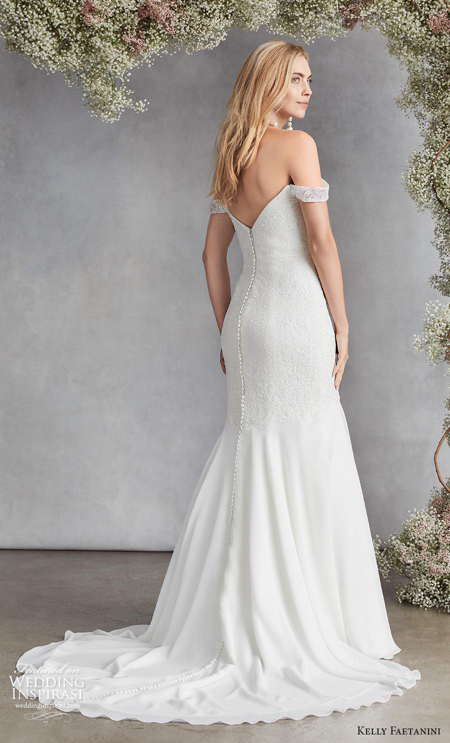 kelly faetanini fall 2020 bridal off the shoulder sweetheart neckline heavily embellished bodice romantic mermaid wedding dress mid back medium train (13) bv