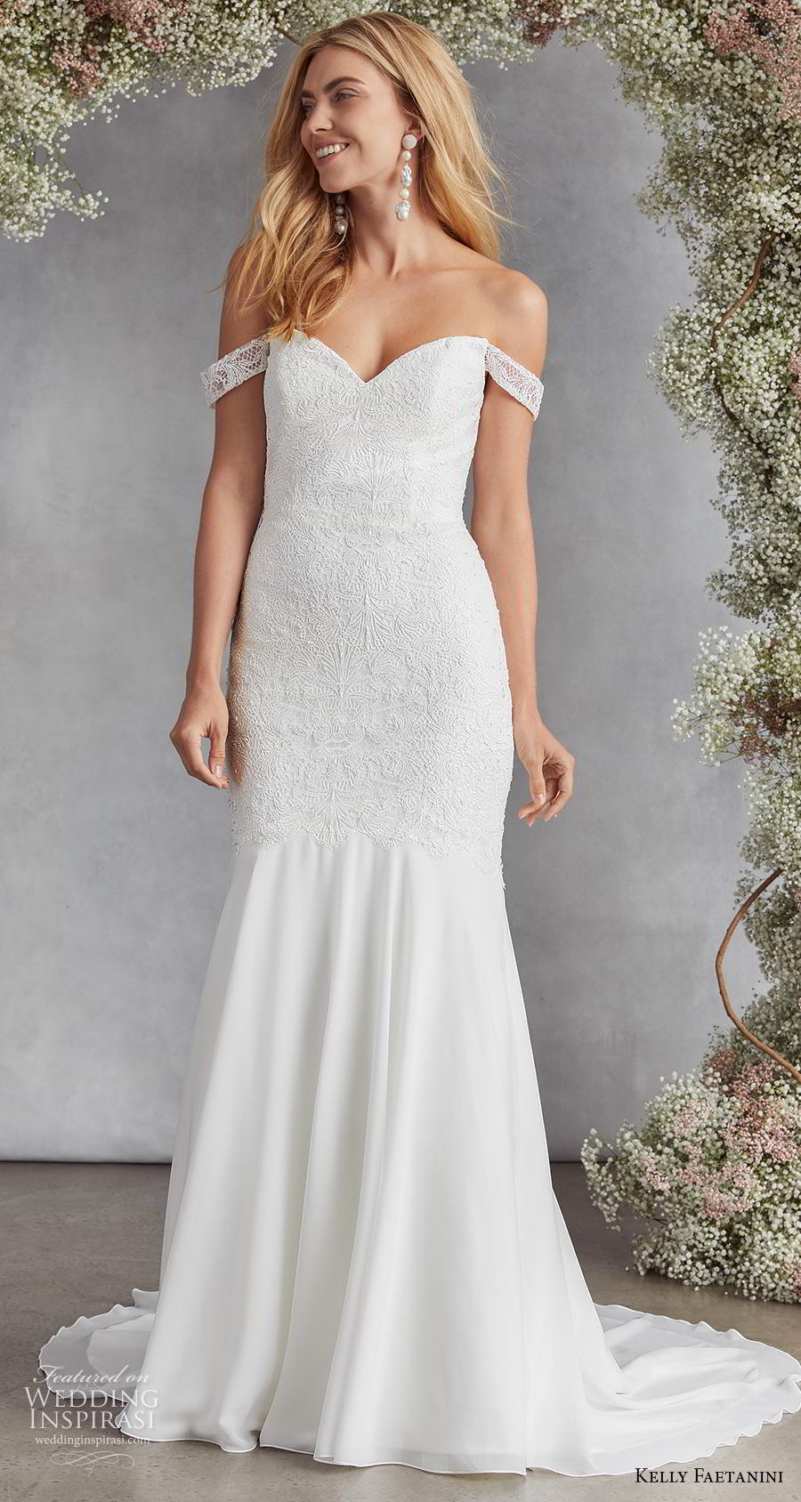 kelly faetanini fall 2020 bridal off the shoulder sweetheart neckline heavily embellished bodice romantic mermaid wedding dress mid back medium train (13) mv