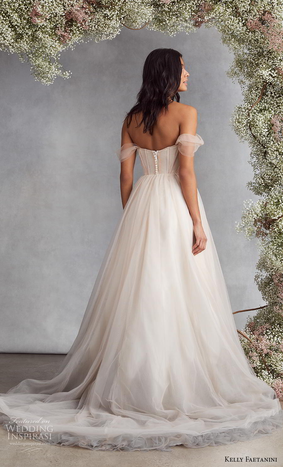 kelly faetanini fall 2020 bridal off the shoulder sweetheart neckline pleated bodice tulle skirt simple romantic blush a  line wedding dress mid back medium train (2) bv