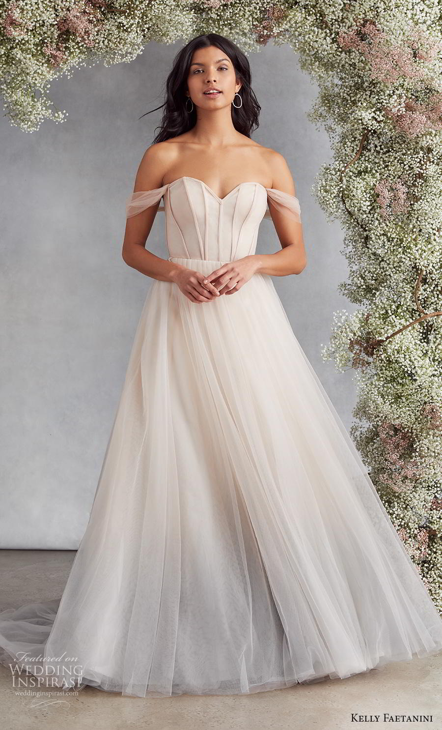 kelly faetanini fall 2020 bridal off the shoulder sweetheart neckline pleated bodice tulle skirt simple romantic blush a  line wedding dress mid back medium train (2) mv