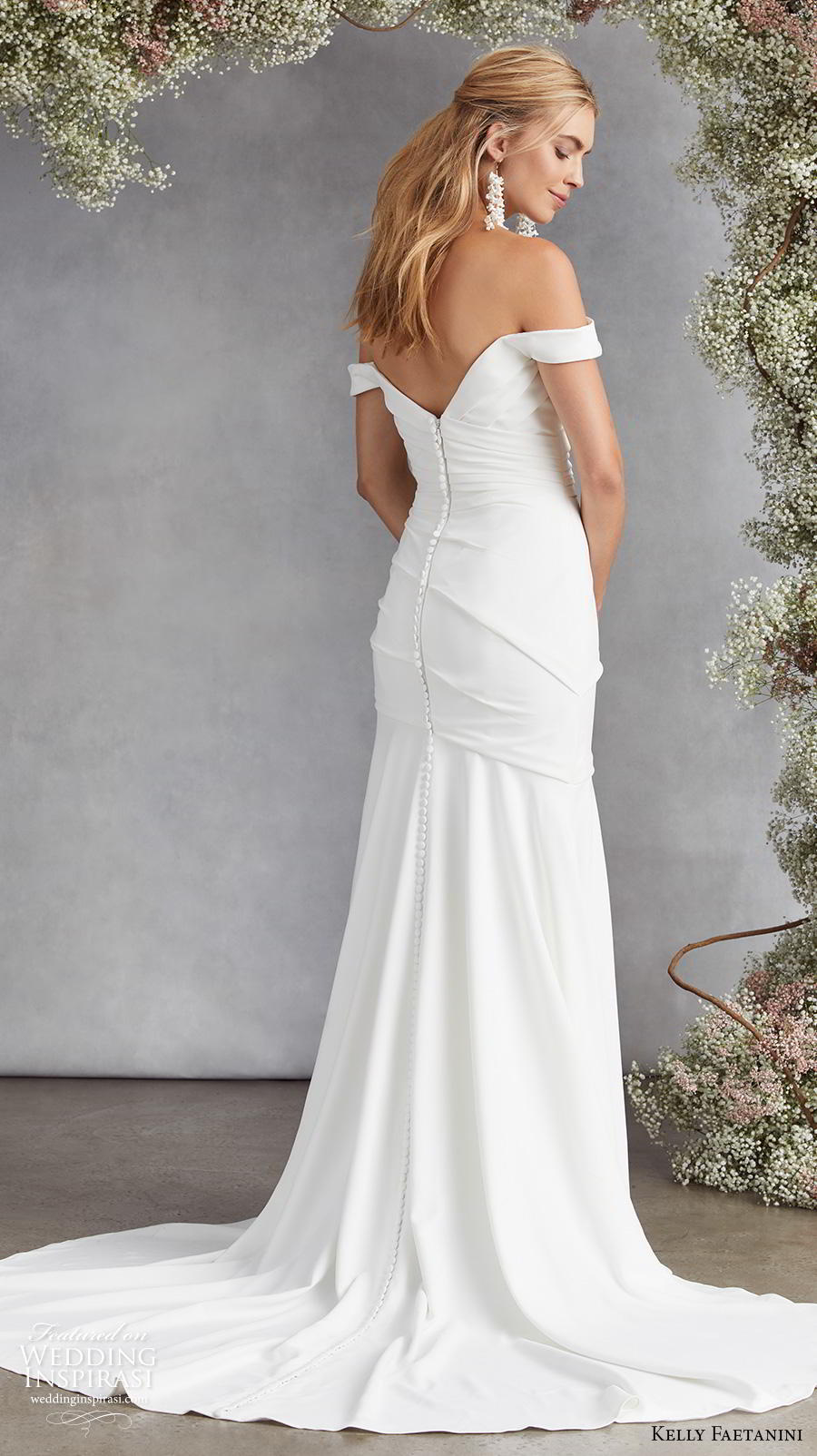 kelly faetanini fall 2020 bridal off the shoulder sweetheart neckline ruched bodice romantic simple minimalist elegant mermaid wedding dress mid back medium train (6)  bv