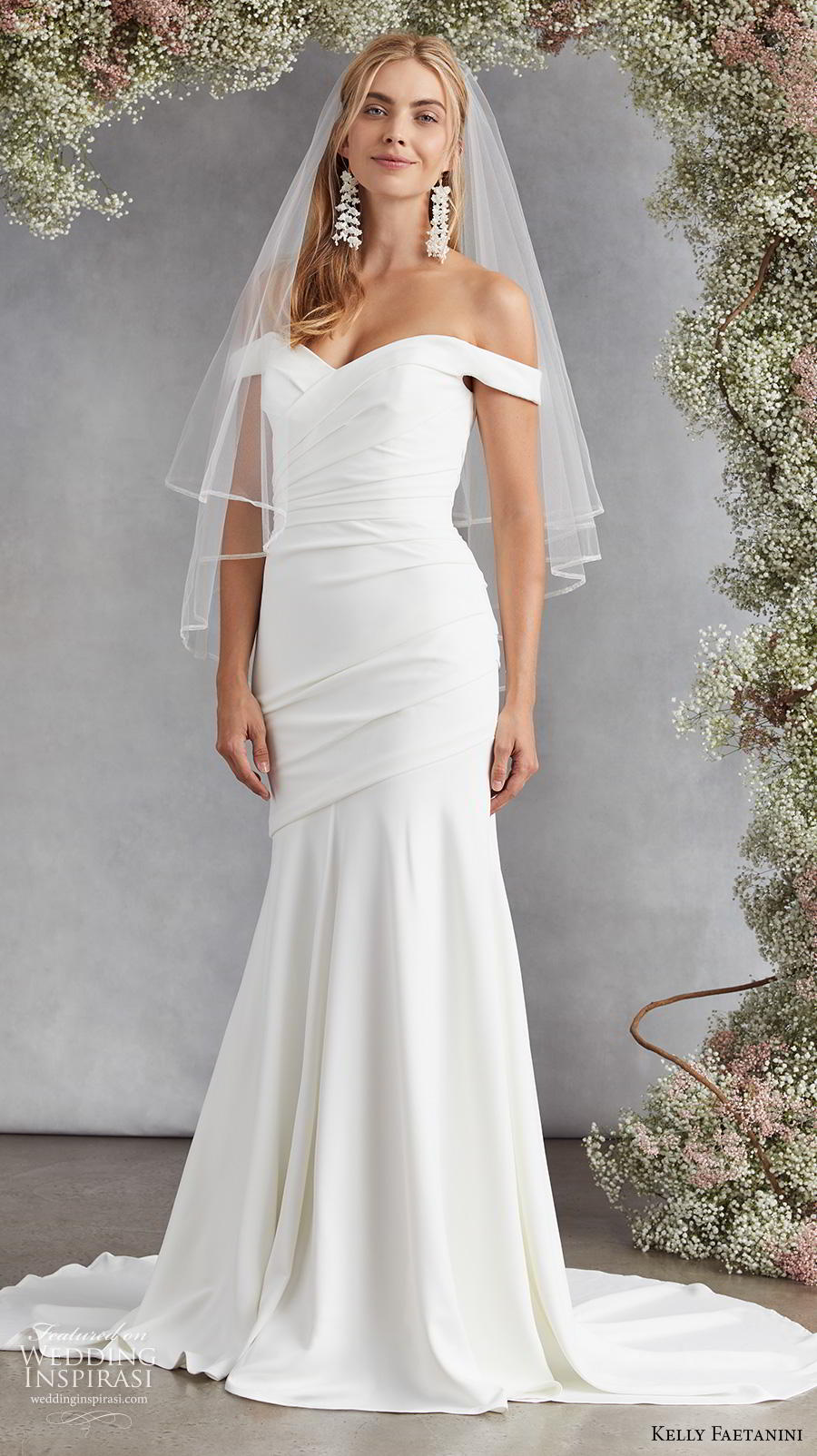 kelly faetanini fall 2020 bridal off the shoulder sweetheart neckline ruched bodice romantic simple minimalist elegant mermaid wedding dress mid back medium train (6)  mv