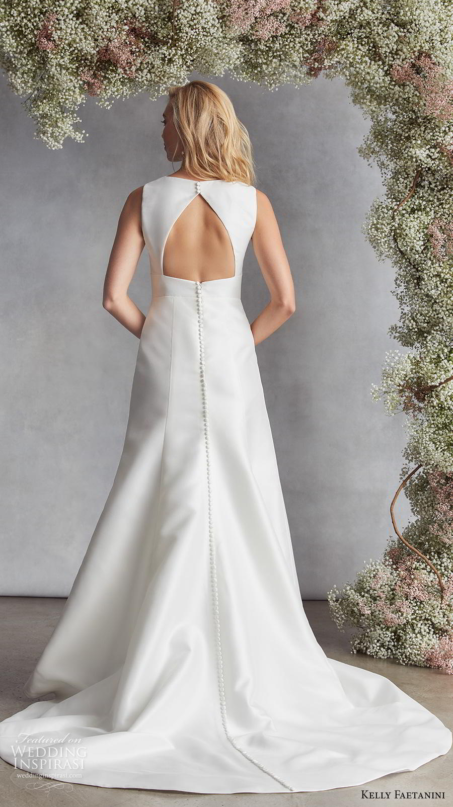 kelly faetanini fall 2020 bridal sleeveless deep plunging funnel v neck simple minimalist elegant modified a  line wedding dress keyhole back chapel train (9) bv