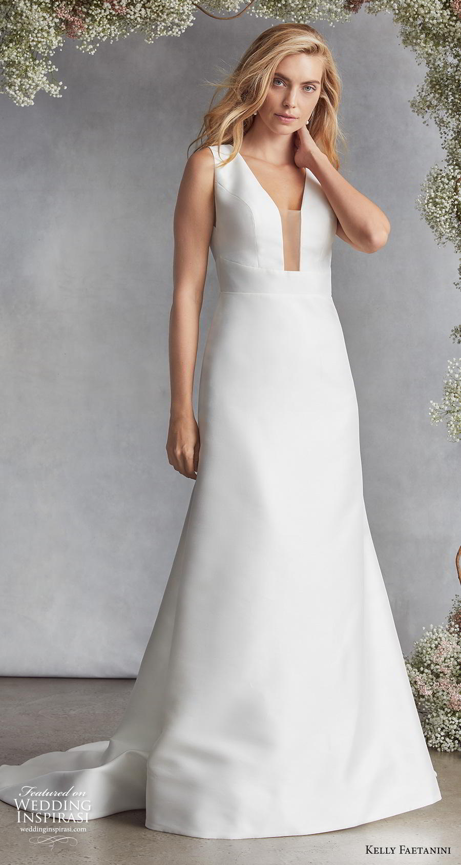 kelly faetanini fall 2020 bridal sleeveless deep plunging funnel v neck simple minimalist elegant modified a  line wedding dress keyhole back chapel train (9) mv