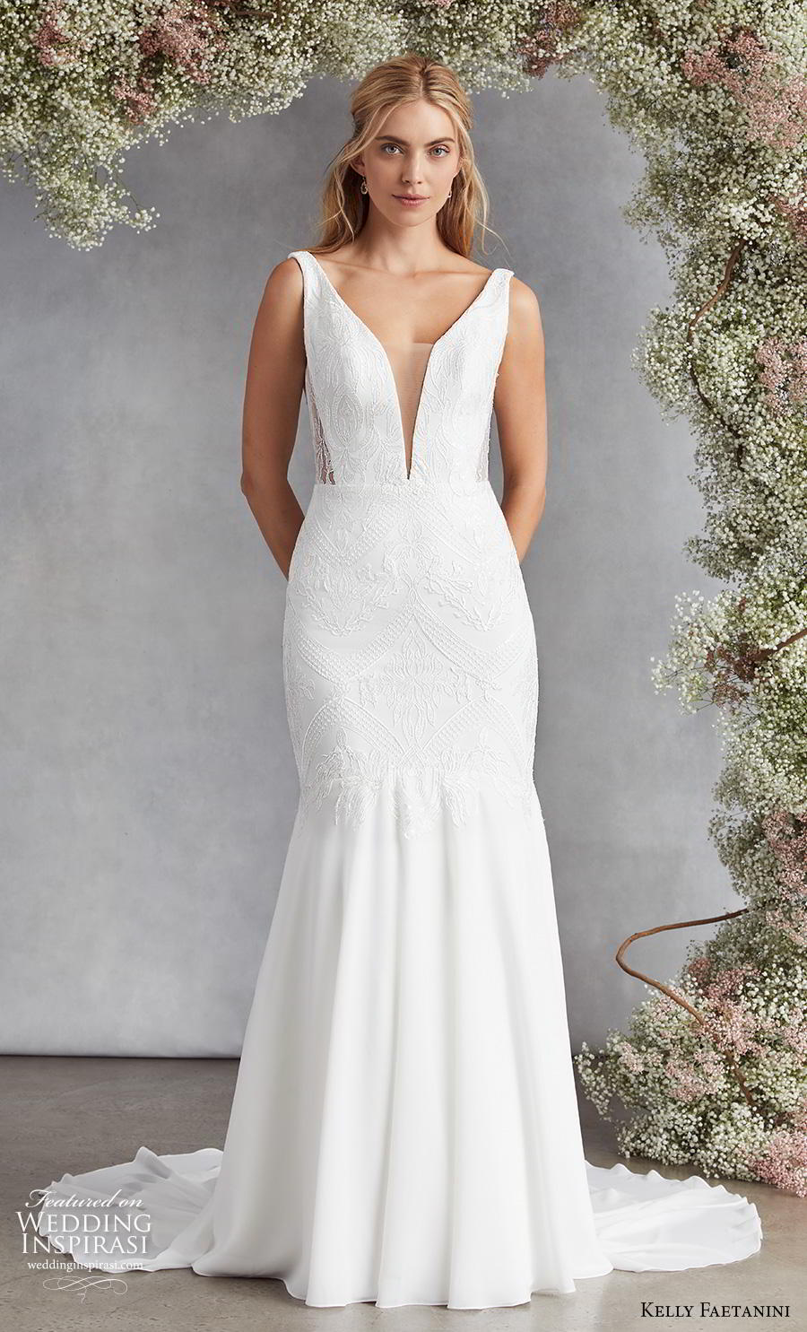 kelly faetanini fall 2020 bridal sleeveless deep plunging v neck heavily embellished bodice elegant classic mermaid wedding dress backless v back chapel train (17) mv