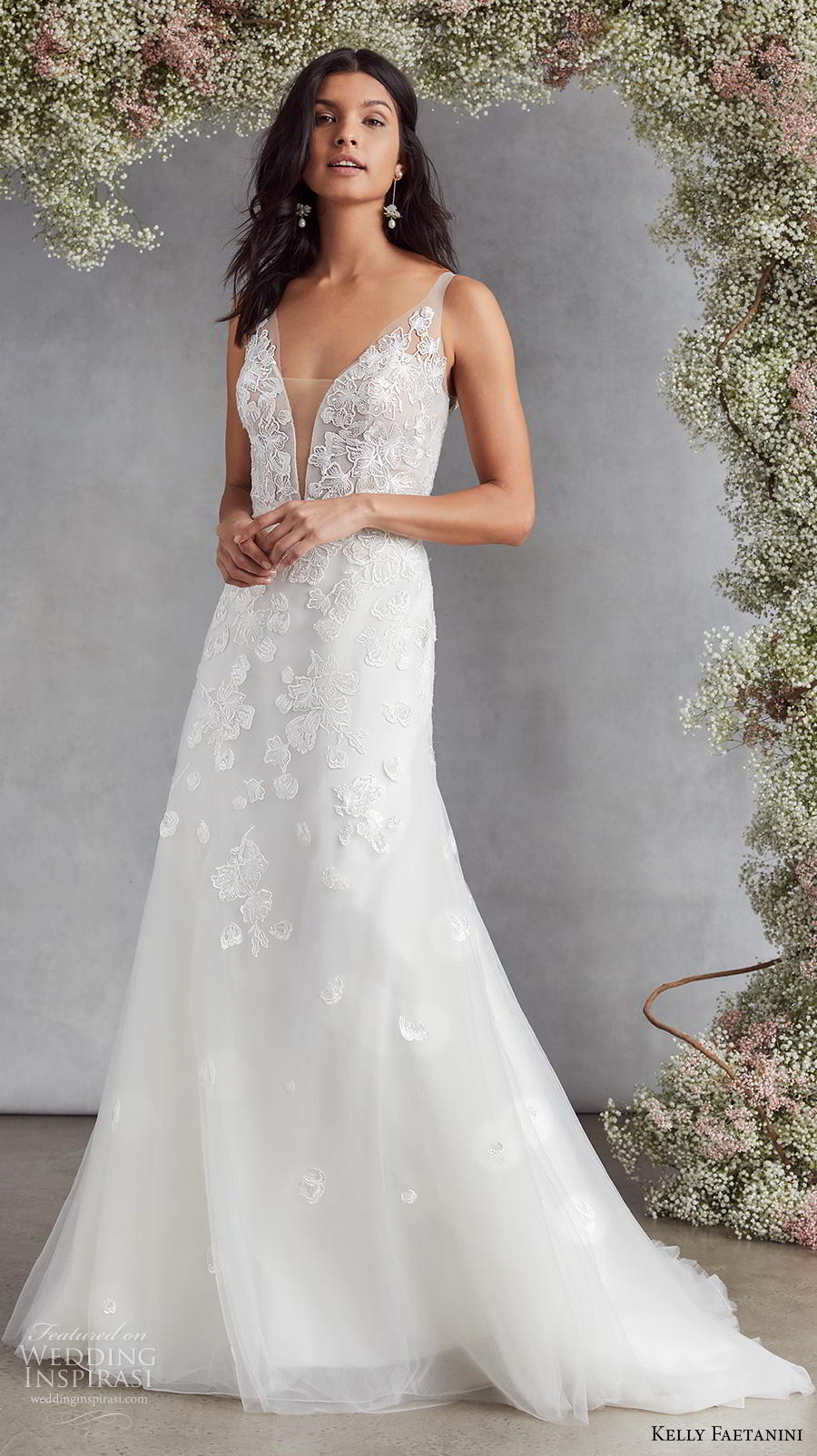 kelly faetanini fall 2020 bridal sleeveless deep plunging v neck heavily embellished bodice romantic modified a  line wedding dress backless v back chapel train (5) mv