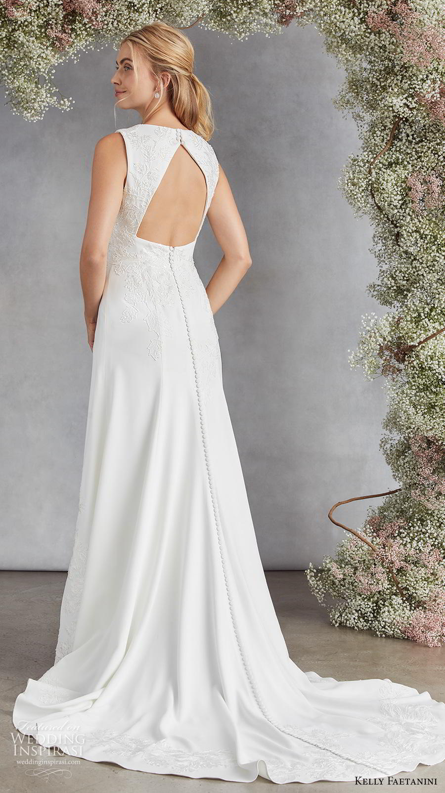 kelly faetanini fall 2020 bridal sleeveless deep plunging v neck light embellishment romantic modified a  line wedding dress keyhole back medium train (4) bv