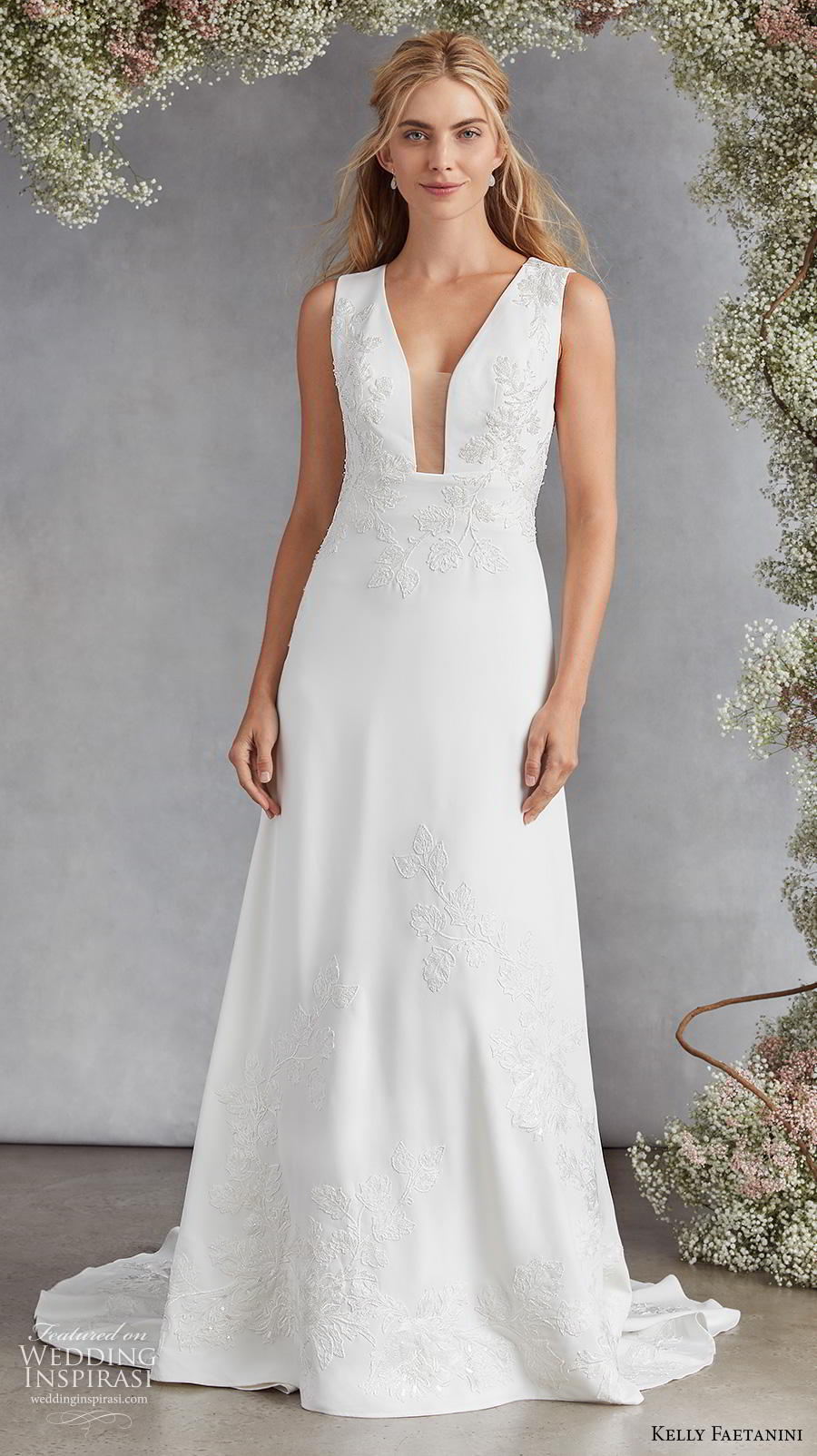 kelly faetanini fall 2020 bridal sleeveless deep plunging v neck light embellishment romantic modified a  line wedding dress keyhole back medium train (4) mv