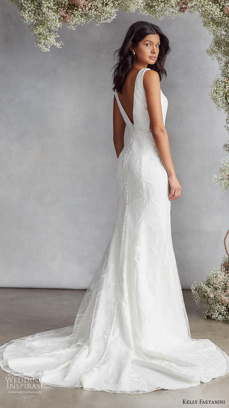 kelly faetanini fall 2020 bridal sleeveless funnel v neck light embellishment elegant fit and flare wedding dress backless v back medium train (18) bv