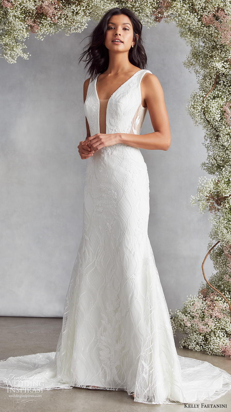 kelly faetanini fall 2020 bridal sleeveless funnel v neck light embellishment elegant fit and flare wedding dress backless v back medium train (18) mv