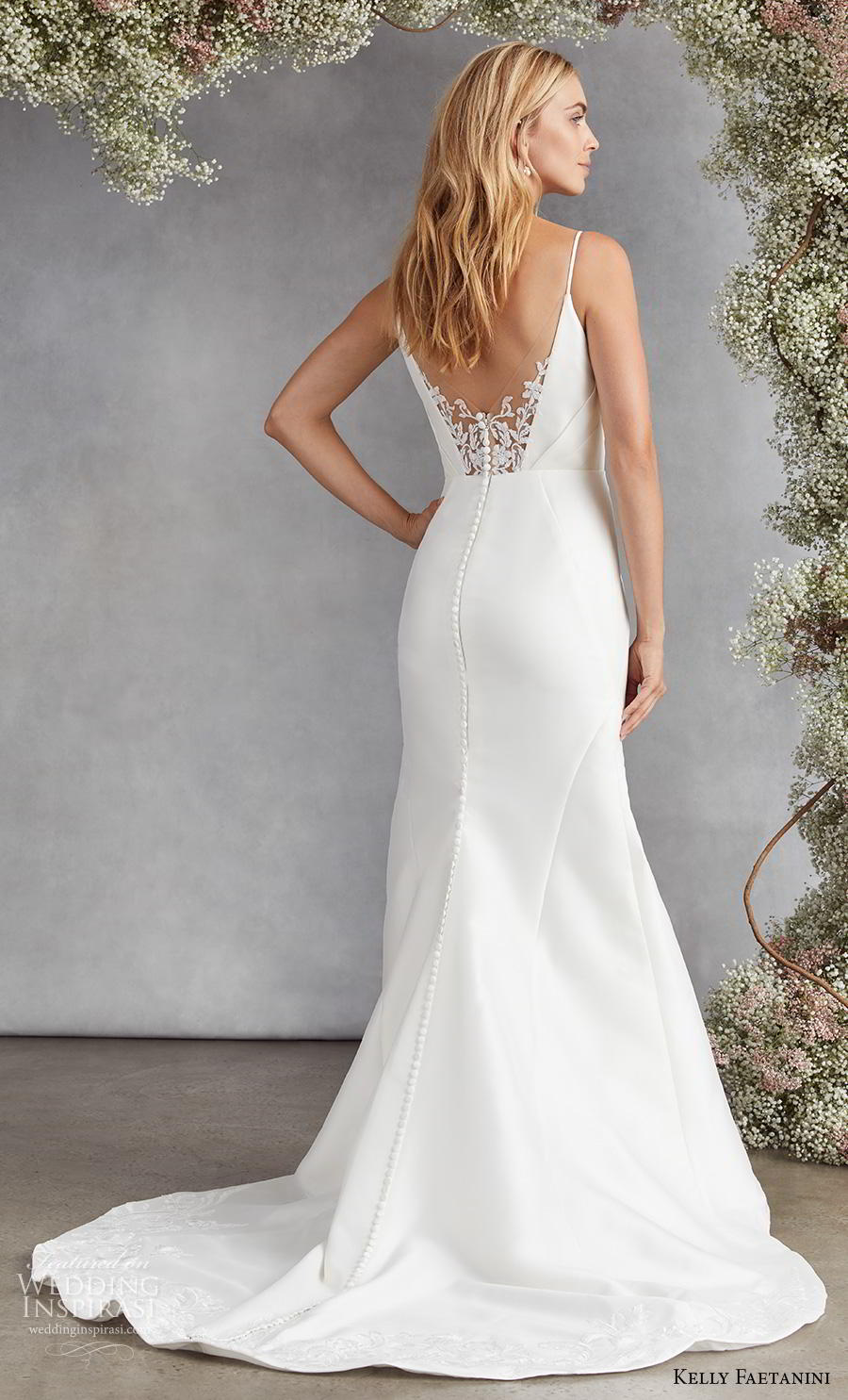 kelly faetanini fall 2020 bridal sleeveless spaghetti strap v neck ruched bodice simple classic fit and flare wedding dress backless medium train (15) bv