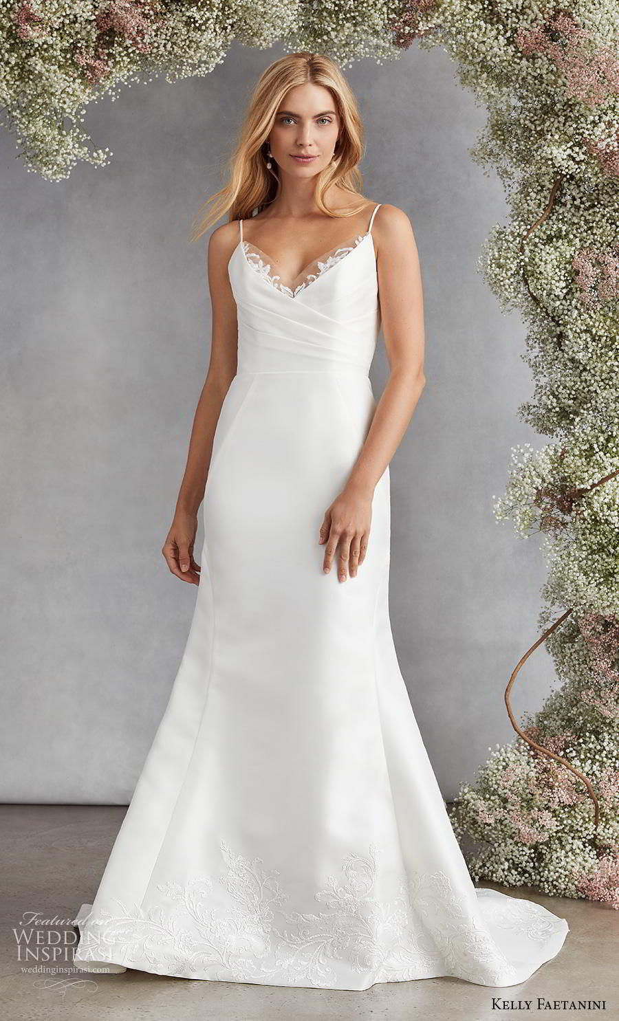 kelly faetanini fall 2020 bridal sleeveless spaghetti strap v neck ruched bodice simple classic fit and flare wedding dress backless medium train (15) mv