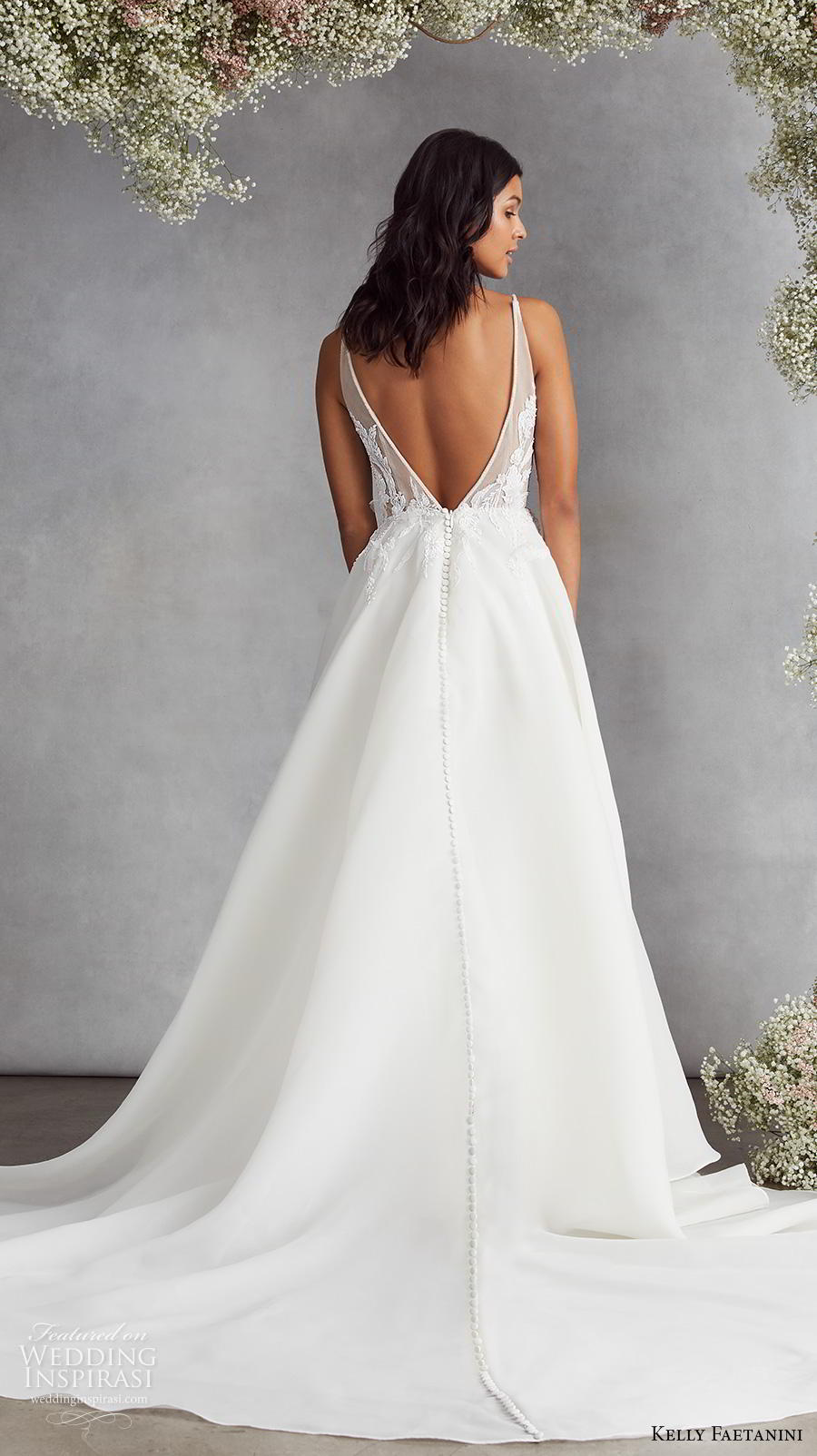 kelly faetanini fall 2020 bridal sleeveless thin strap deep plunging sweetheart neckline heavily embellished bodice romantic a  line wedding dress backless v back chapel train (7) bv