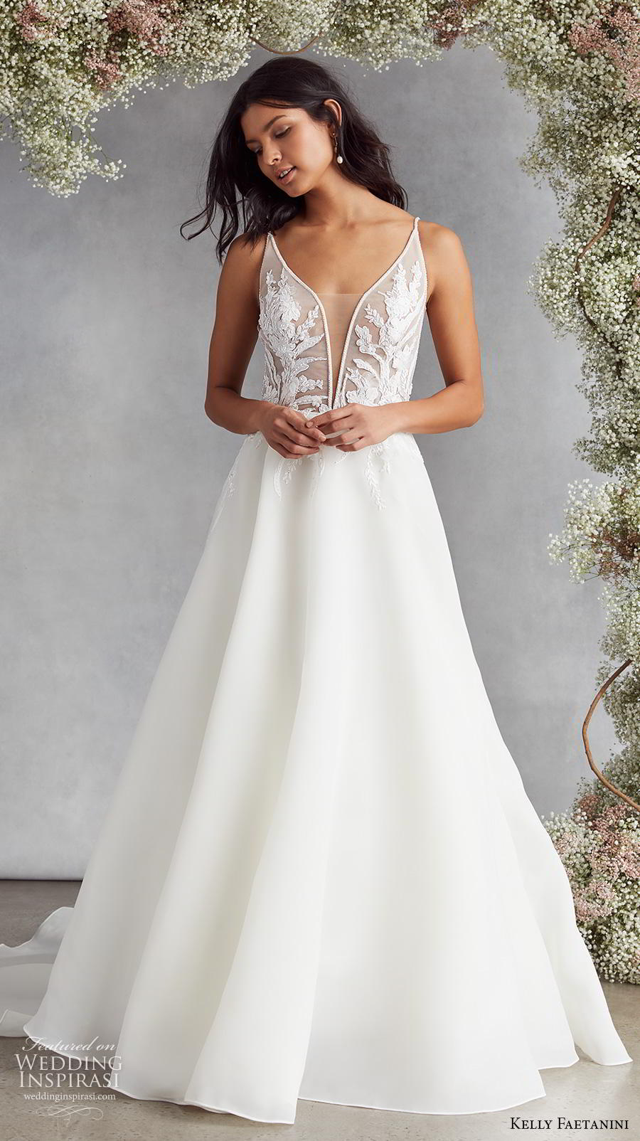 kelly faetanini fall 2020 bridal sleeveless thin strap deep plunging sweetheart neckline heavily embellished bodice romantic a  line wedding dress backless v back chapel train (7) fv