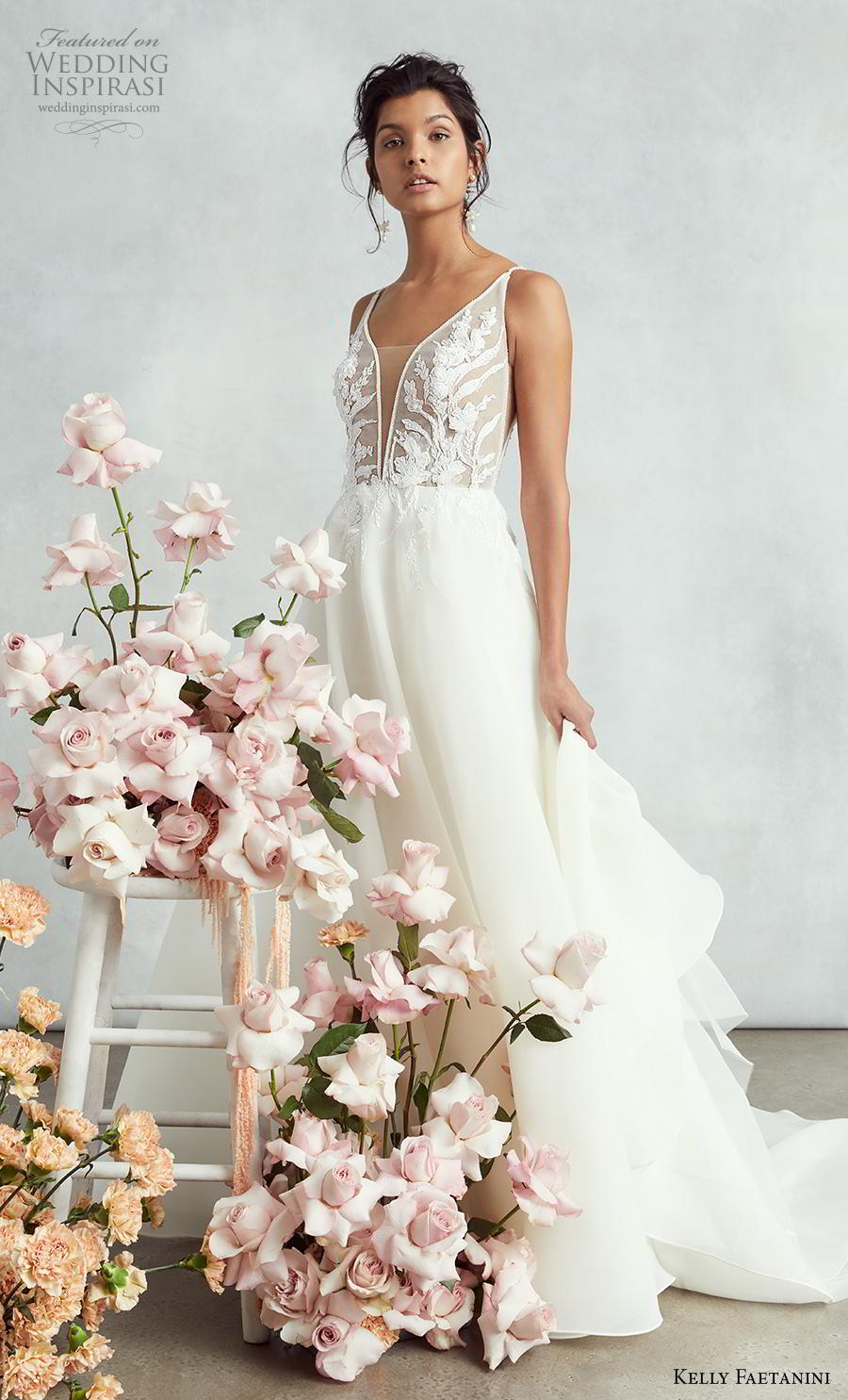 kelly faetanini fall 2020 bridal sleeveless thin strap deep plunging sweetheart neckline heavily embellished bodice romantic a  line wedding dress backless v back chapel train (7) mv