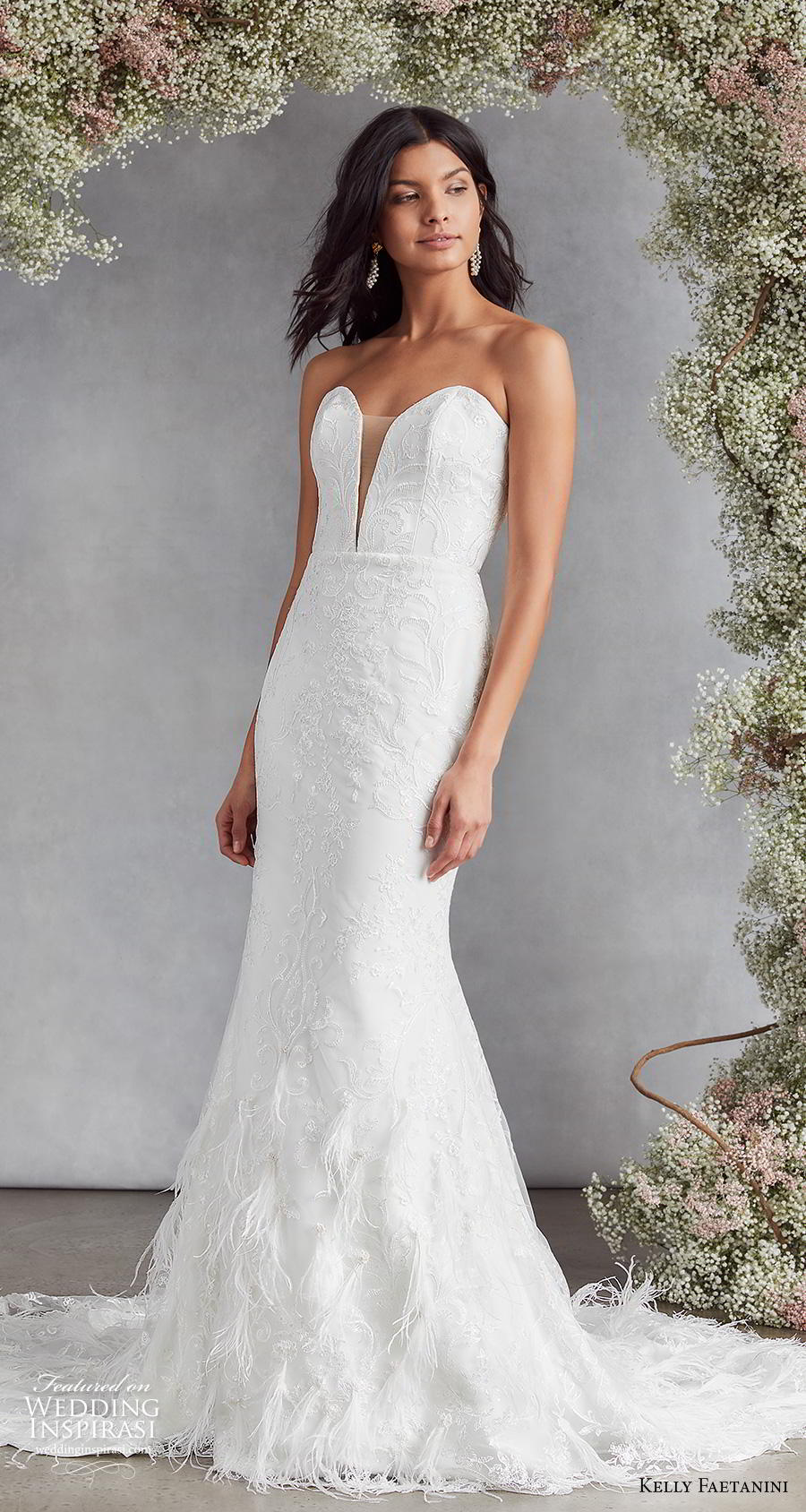 kelly faetanini fall 2020 bridal strapless deep plunging sweetheart neckline full embellishment elegant romantic fit and flare wedding dress mid back chapel train (8) mv