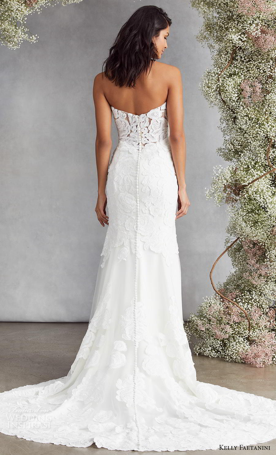 kelly faetanini fall 2020 bridal strapless deep plunging sweetheart neckline full embellishment romantic fit and flare wedding dress mid back medium train (14) bv