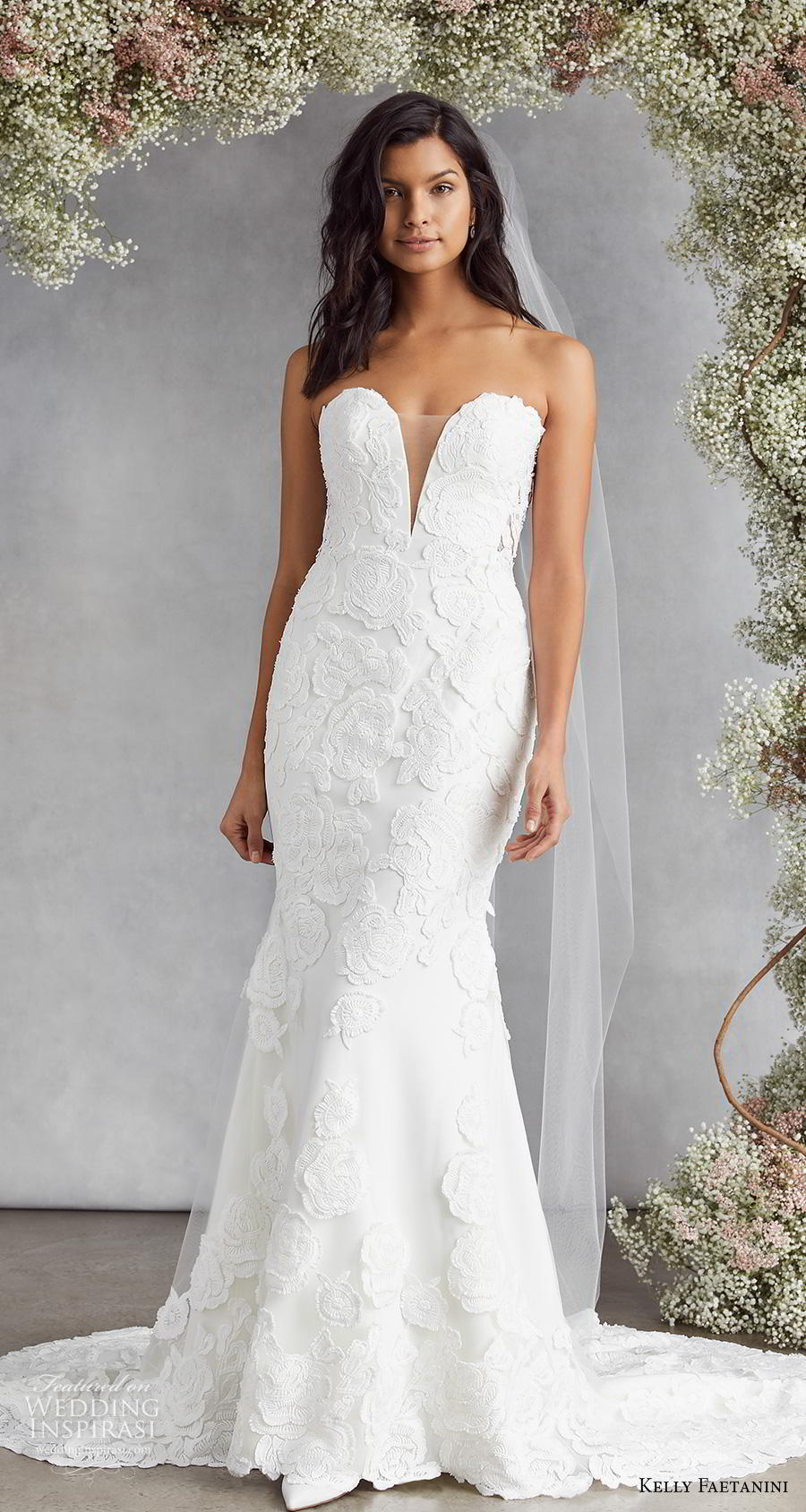 kelly faetanini fall 2020 bridal strapless deep plunging sweetheart neckline full embellishment romantic fit and flare wedding dress mid back medium train (14) mv