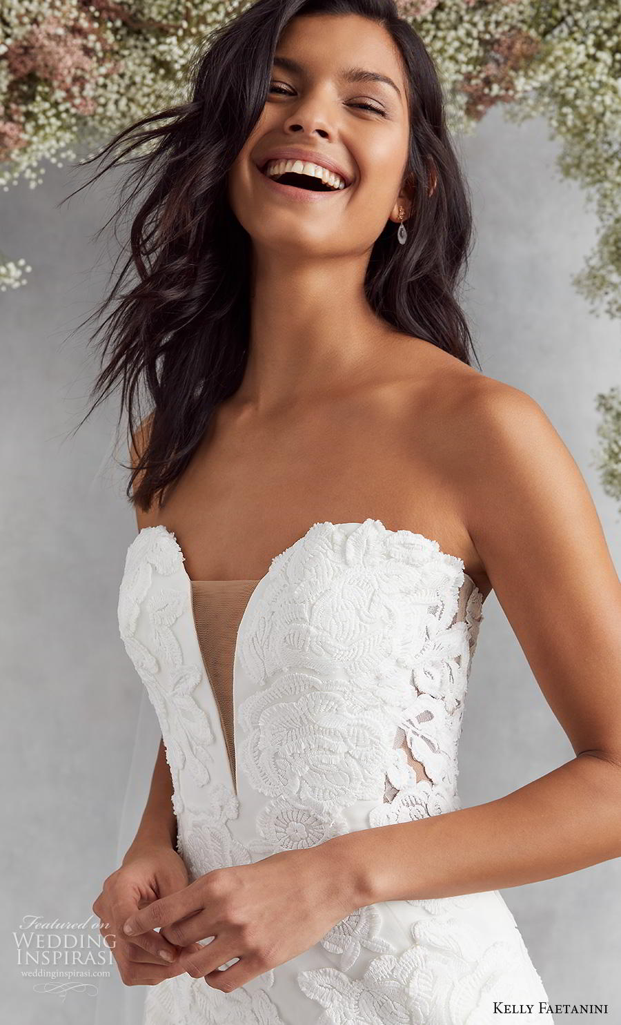 kelly faetanini fall 2020 bridal strapless deep plunging sweetheart neckline full embellishment romantic fit and flare wedding dress mid back medium train (14) zv