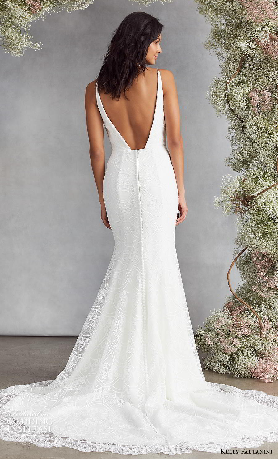 kelly faetanini fall 2020 bridal thin strap deep funnel v neck light embellishment elegant fit and flare wedding dress backless low v back chapel train (11) bv