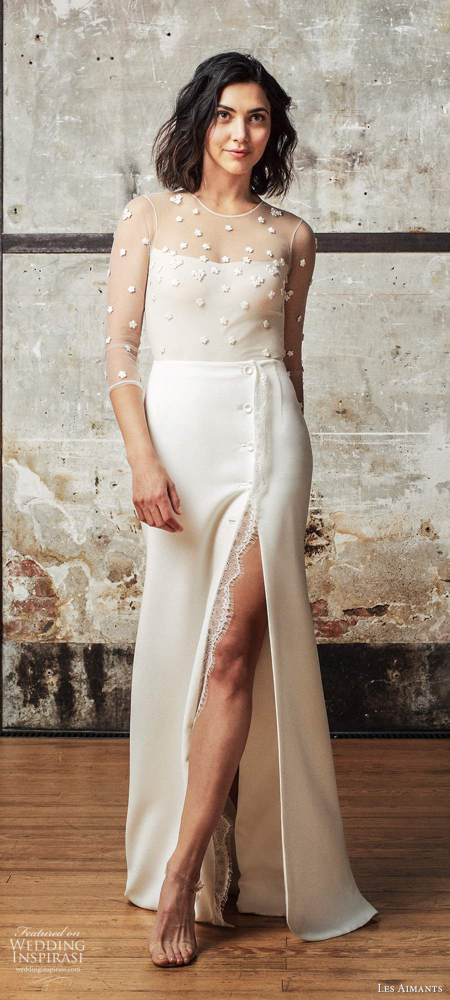 les aimants 2019 bridal illusion 3 quarter sleeves sheer jewel neckline embellished bodice sheath wedding dress slit skirt chapel train (1) mv les aimants 2019 bridal illusion 3 quarter sleeves sheer jewel neckline embellished bodice sheath wedding dress slit skirt chapel train (1) mv