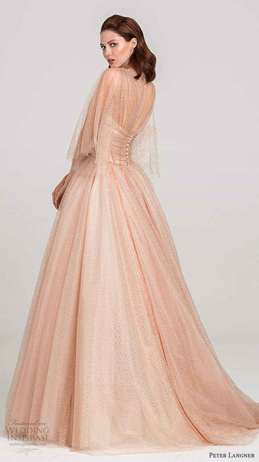 peter langner fall 2020 bridal illusion elbow length flutter sleeves v neckline ruched bodice a line ball gown wedding dress blush color chapel train (9) bv