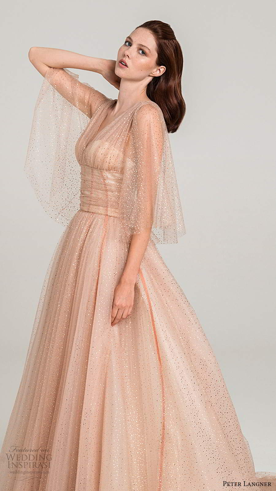 peter langner fall 2020 bridal illusion elbow length flutter sleeves v neckline ruched bodice a line ball gown wedding dress blush color chapel train (9) mv