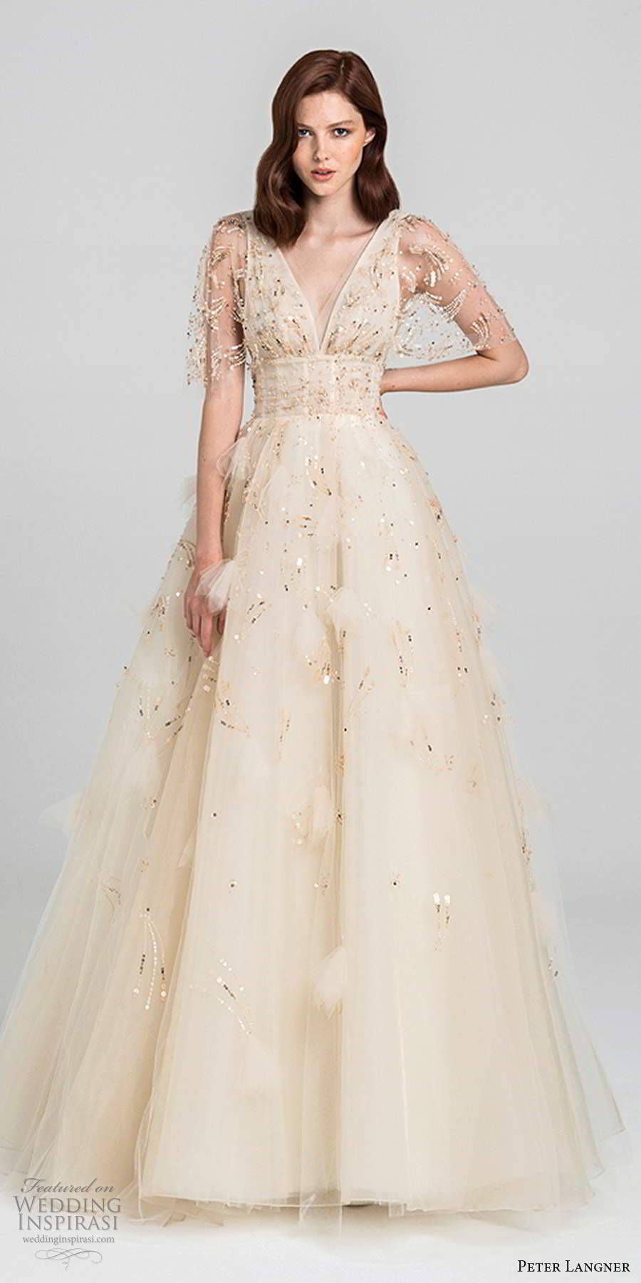 peter langner fall 2020 bridal illusion half flutter sleeves plunging v neckline fully embellished a line ball gown wedding dress v back chapel train (11) mv