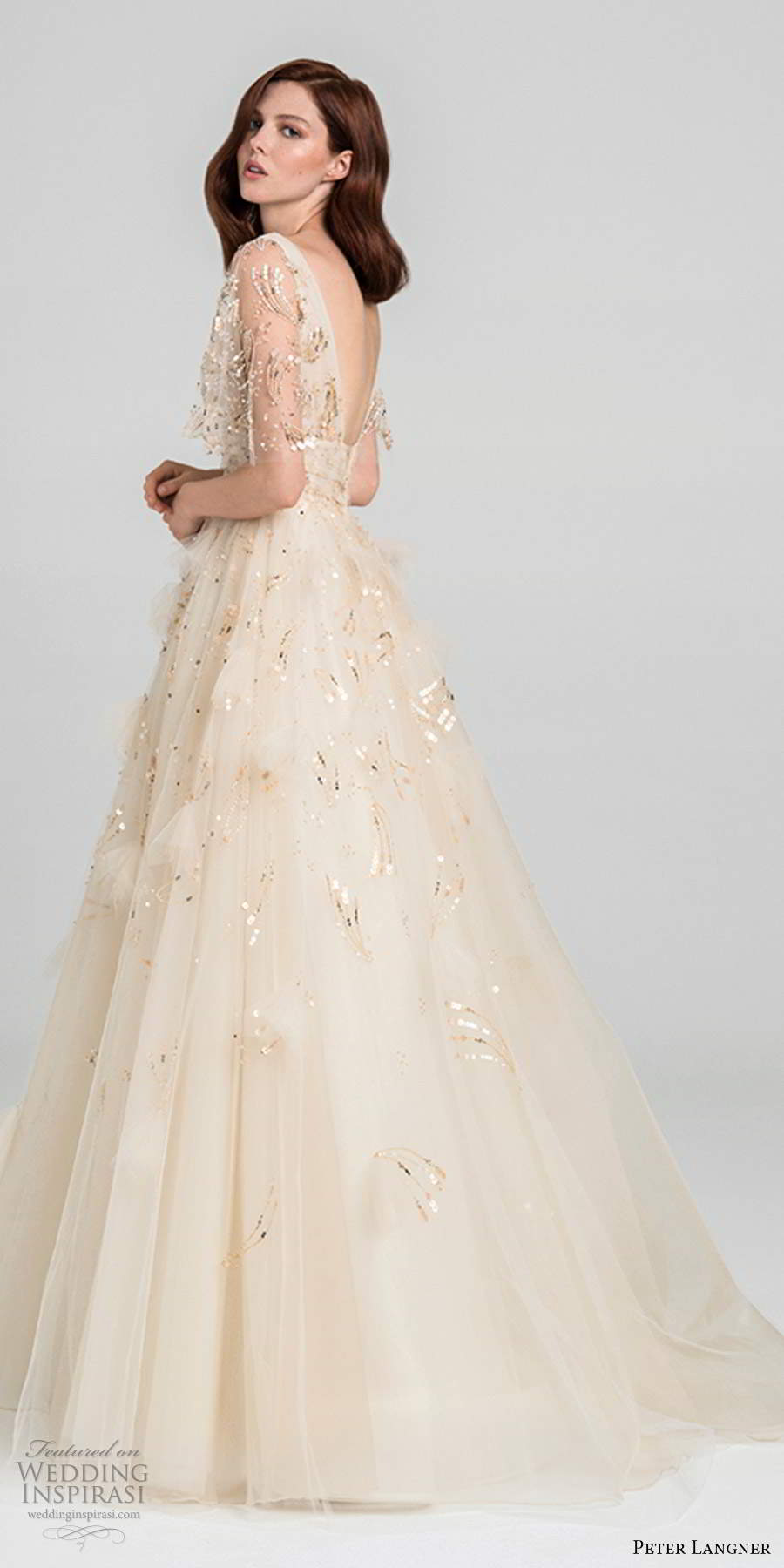 peter langner fall 2020 bridal illusion half flutter sleeves plunging v neckline fully embellished a line ball gown wedding dress v back chapel train (11) sv